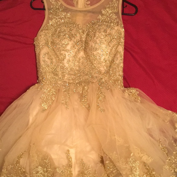 Dresses & Skirts - HEIMO Gold Lace Beaded Homecoming Dress